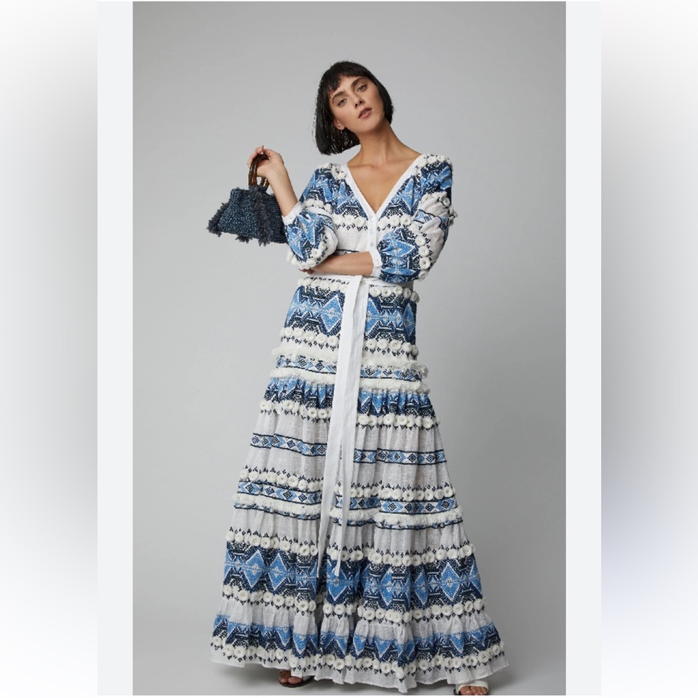 ALEXIS White & Blue Wylla Embroidered Linen Blend Maxi Dress